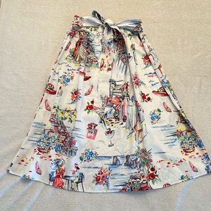 White Scenic Print A-Line Skirt with Tie Waist Size Medium
